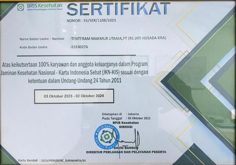 SERTIFIKAT DARI BPJS KESEHATAN KEIKUTSERTAAN KARYAWAN DAN ANGGOTA KELUARGA DALAM JKN-KIS